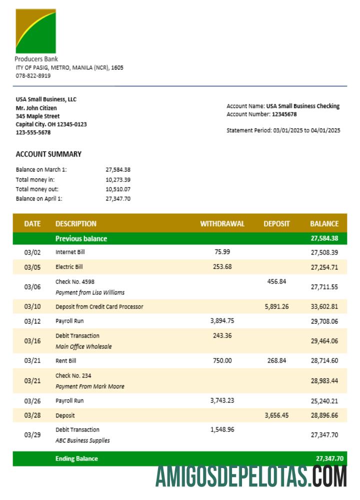 Extrato bancário comercial do banco de produtores em formato Word e PDF